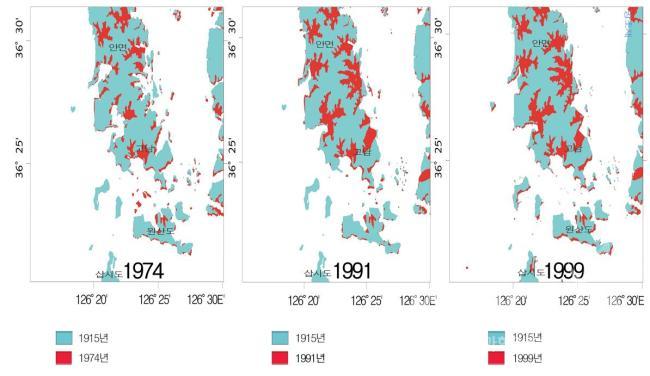 과거부터 현재까지의 천수만 주변 지형도 (1974-1999) 의 사진