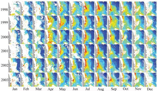 SeaWiFS 해색 자료의 월별 합성표층 염록소 농도 의 사진