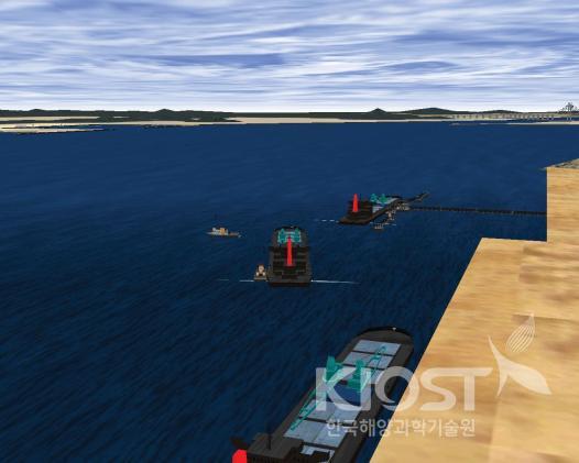 예선을 이용한 5만 DWT급 일반화물선의 이안 시뮬레이션 장면 의 사진