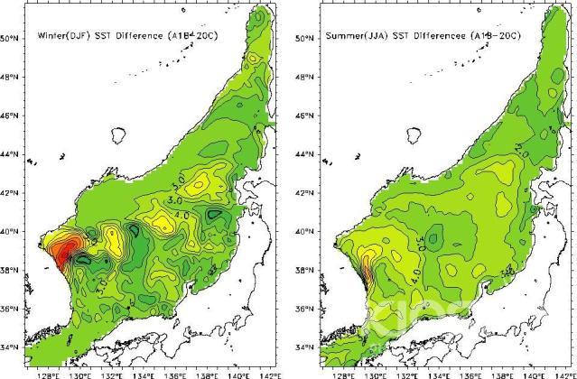 IPCC 보고서 A1B 시나리오에 의한 동해 수온변화 (21세기 말 A1B-19세기말), 겨울(좌), 여름( 의 사진
