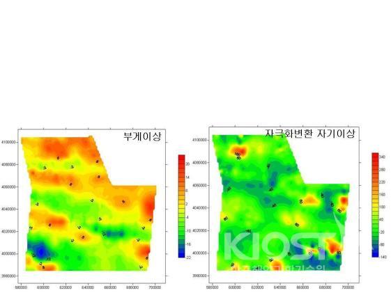 서해중부 중력 및 자력 탐사자료 해석 결과-부게이상(좌), 자극화변환 자기이상(우) 의 사진
