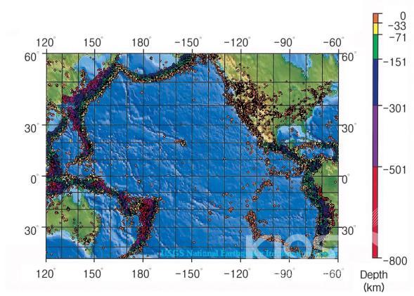 환태평양 지진대 위치를 표시한 지도 의 사진