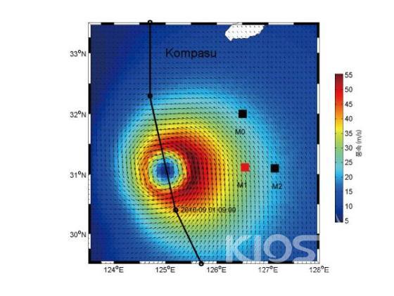 태풍 '콤파스' 근접 통과 시 관측점 위치 및 풍속(2010.9.1 11:00) 의 사진