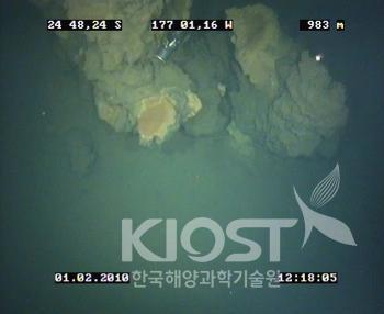 열수분출공 해저면 사진-(a)철산화물과 실리카로 구성된 저온선 열수분출구 의 사진