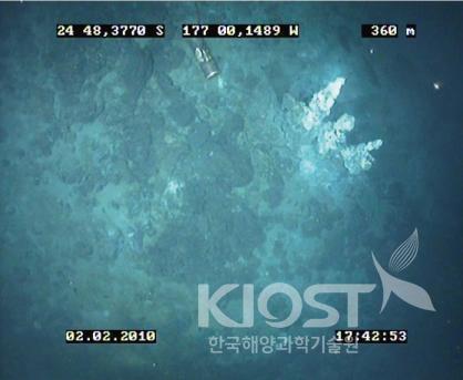 열수분출공 해저면 사진-(f)황화광물과 황산염광물로 구성된 고온선 열수분출 의 사진
