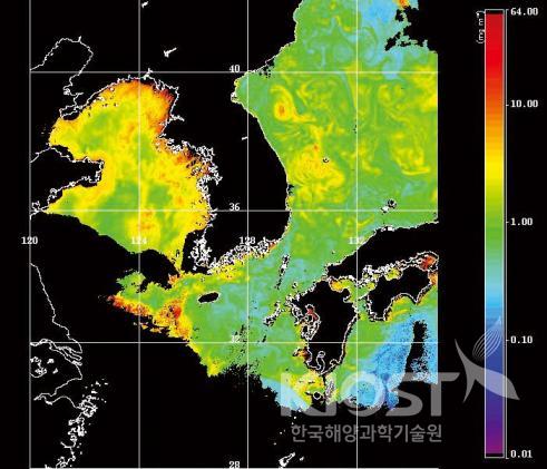 한국 근해의 엽록소 분포(좌) 의 사진
