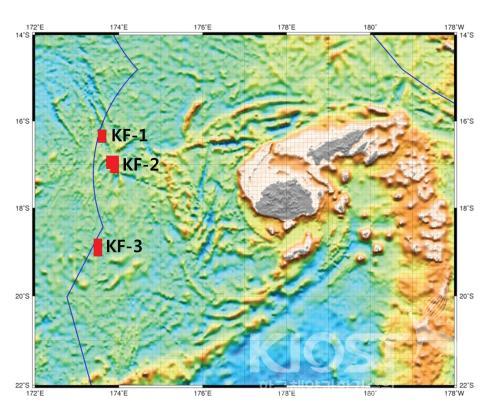 피지 해저열수광상 탐사권 지역의 지형도(KF-2) 및 수층 내 열수플룸 분포 의 사진