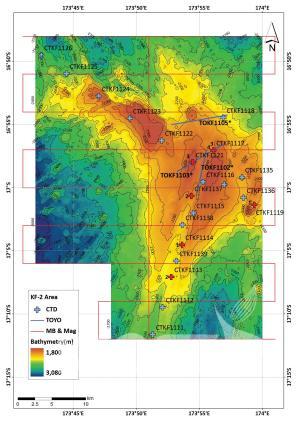 피지 해저열수광상 탐사권 지역의 지형도(KF-4) 및 수층 내 열수플룸 분포 의 사진