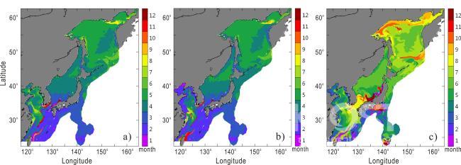 북서태평양 3차원 해양물리-생지화학 접합 모델에의한 a)클로로필, b)규조류, c)중형동물플랑크톤의 번성시기 의 사진