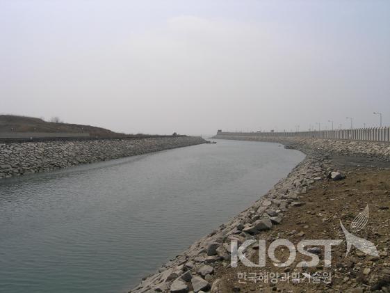 배수갑문을 통하여 유역의 물이 배출되는 수로와 호안(아산만) 의 사진