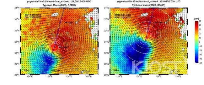 동중국해에서 태풍 매미시 계산된 해일(컬러), 대기압(흰색선) 및 바람(검은선) (2003년 9월 12일 9시(좌측) 및 12시(우측), 한국 표준시) 의 사진