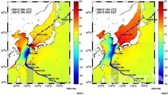 태풍 매미시 북서태평양에서 계산된 해일분포 (컬러) 및 태풍진로(검은선) (2003년 9월 12일 18시(좌측) 및 13일 00시(우측), 한국표준시) 의 사진