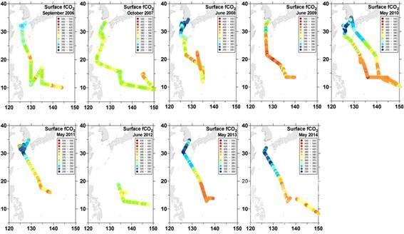북서태평양에서 2006년부터 2014년까지 관측한 표층 이산화탄소 분압 변화 의 사진